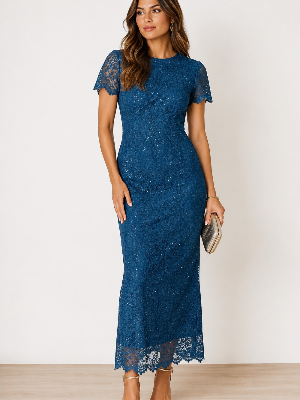 J.S. Collections Teal Lace Sequin Midi Dress Size 6